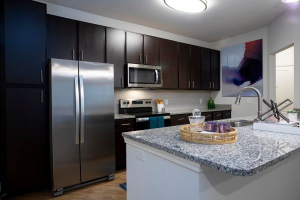 Apartment kitchen with dark brown cabinets, granite countertops, and stainless steel appliances, including a side-by-side fridge, microwave, oven, stove, gooseneck pulldown faucet, and deep undermount sink
