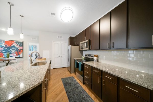Apartment kitchen with hardwood-style flooring, dark brown cabinets, granite countertops, and stainless steel appliances, including a side-by-side fridge, microwave, oven, stove, gooseneck pulldown faucet, and deep undermount sink